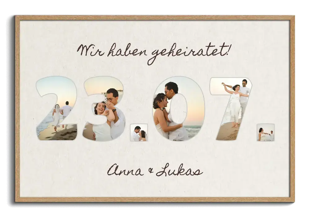 Persönliches Hochzeitsgeschenk: Fotocollage mit Datum aus Strandhochzeitsfotos und Namen im Holzrahmen