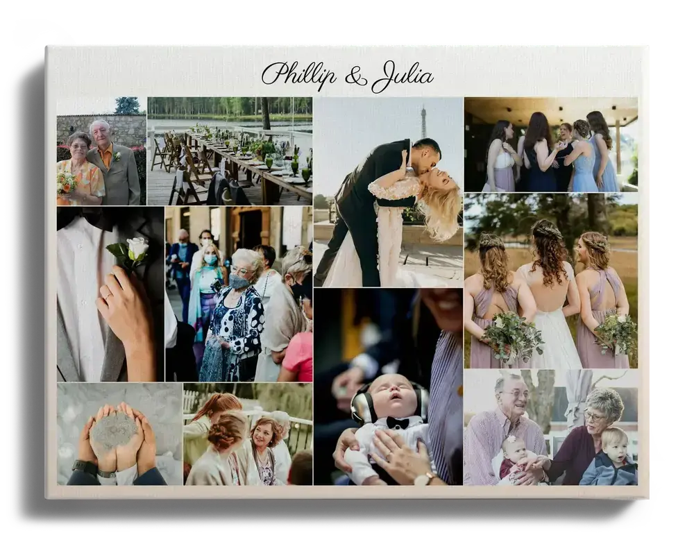 Hochzeitscollage auf Leinwand mit 11 Fotos und personalisierten Namen, freigestellt vor schwarzem Hintergrund