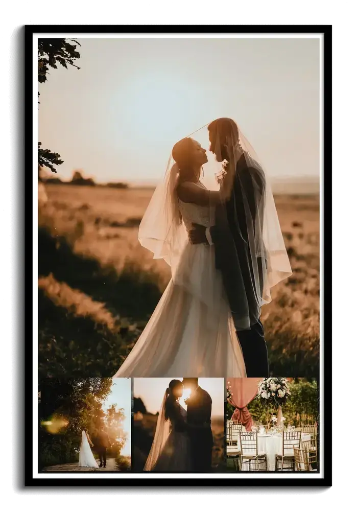 Hochzeitscollage im schwarzen Rahmen mit großem Paarfoto und drei kleinen Fotos als Geschenk zur Hochzeit