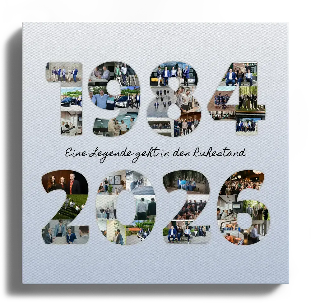Fotocollage auf Leinwand mit zwei Jahreszahlen aus Teamfotos und Ruhestandsspruch auf hellblauem Grund