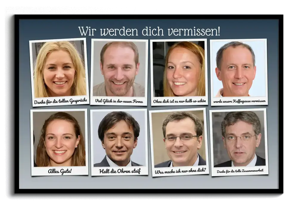 Fotocollage mit acht Polaroids und Grüßen im schwarzen Rahmen als Abschiedsgeschenk für Kollegen