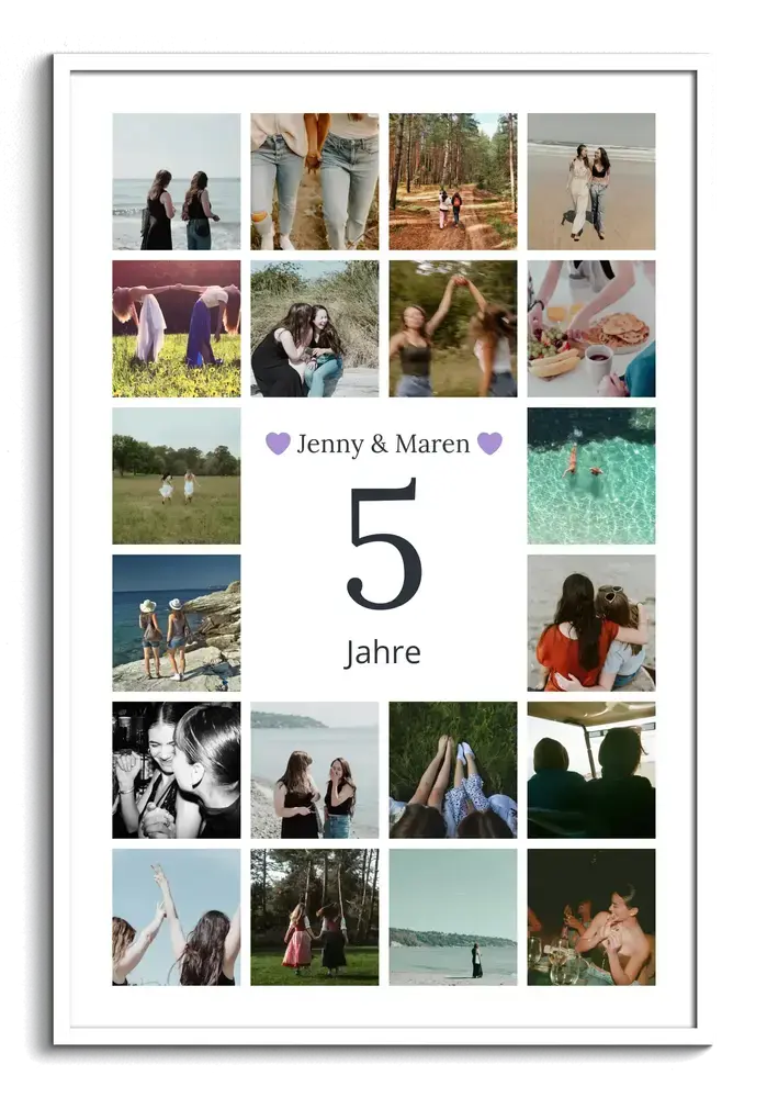 Fotocollage mit Namen, großer 5 und umlaufenden Fotos im weißen Rahmen als persönliches Geschenk zum 5. Hochzeitstag
