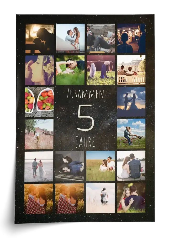 Fotocollage als Poster mit großer 5 und Fotoraster auf dunklem Grund, ein Geschenk für fünf Jahre Beziehung