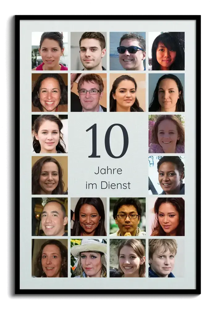 Fotocollage im schwarzen Rahmen mit Kollegenporträts rund um die Zahl 10 als Geschenk zum 10-jährigen Dienstjubiläum