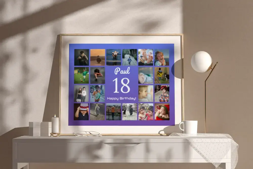 Gerahmte Fotocollage mit großer 18, Name und Fotogitter auf blau-violettem Grund, auf weißer Kommode neben einer Lampe