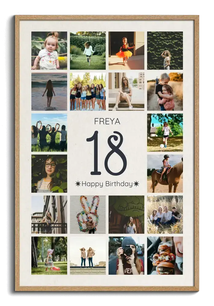 Fotocollage mit großer 18, Name und Fotogitter im Naturholzrahmen als persönliches Geschenk zum 18. Geburtstag