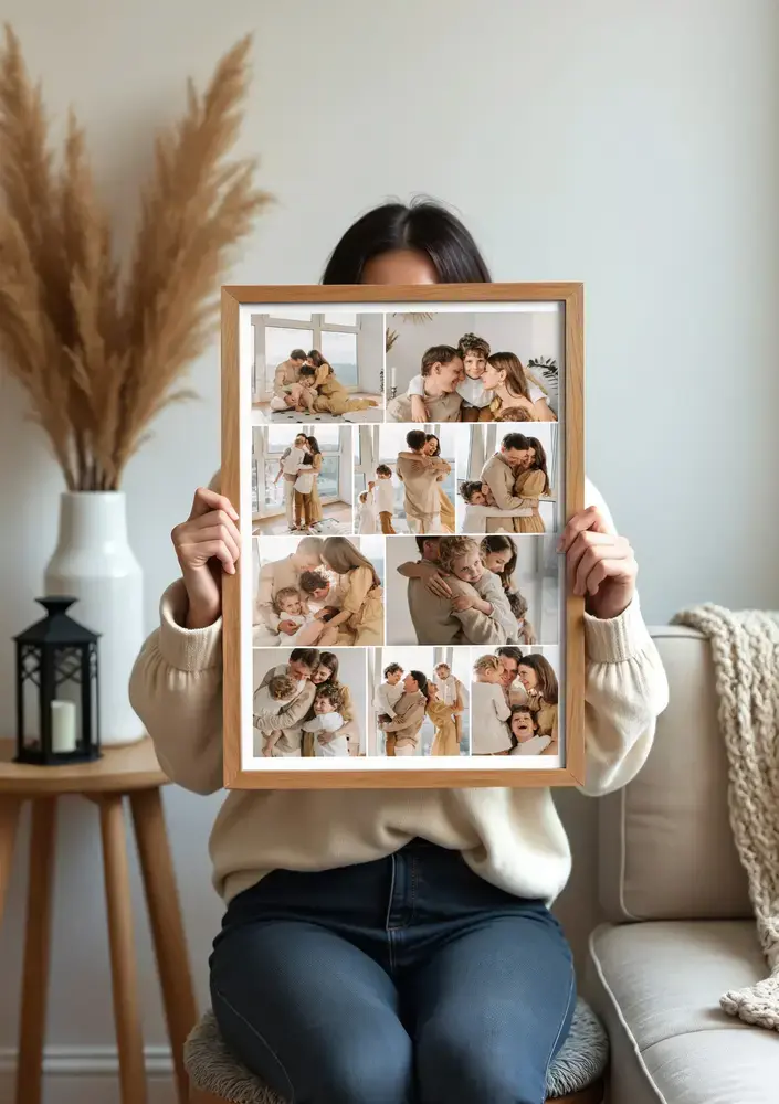 Familiencollage als Poster im Holzrahmen vor dem Sofa, mit Eltern- und Kinderfotos als Geschenk für Großeltern