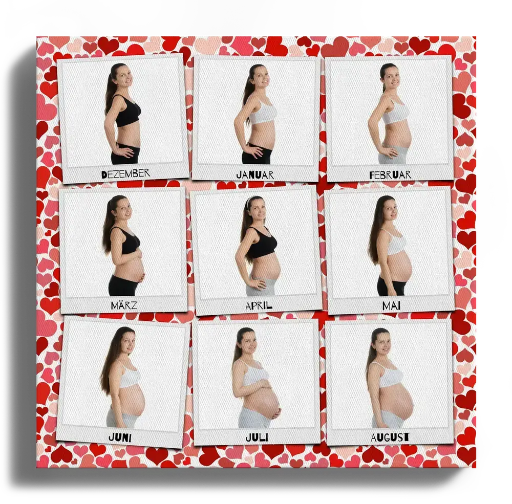 Babybauch-Fotocollage auf Leinwand mit neun beschrifteten Polaroid-Fotos auf rot-rosa Herzmuster