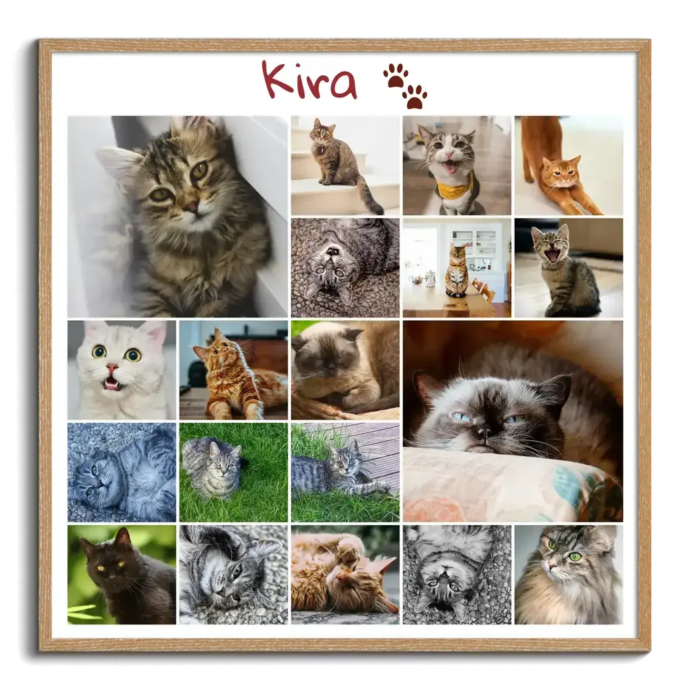 Gedenkcollage für eine Katze mit Fotos im variablen Raster, Namen und Pfotenabdrücken im Naturholzrahmen