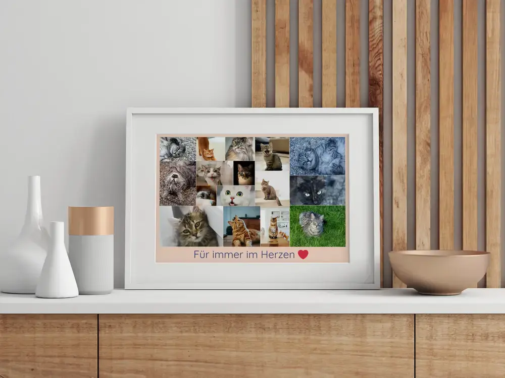 Trauer-Fotocollage für eine Katze mit Erinnerungsspruch, weiß gerahmt auf einem Sideboard vor Holzlamellen