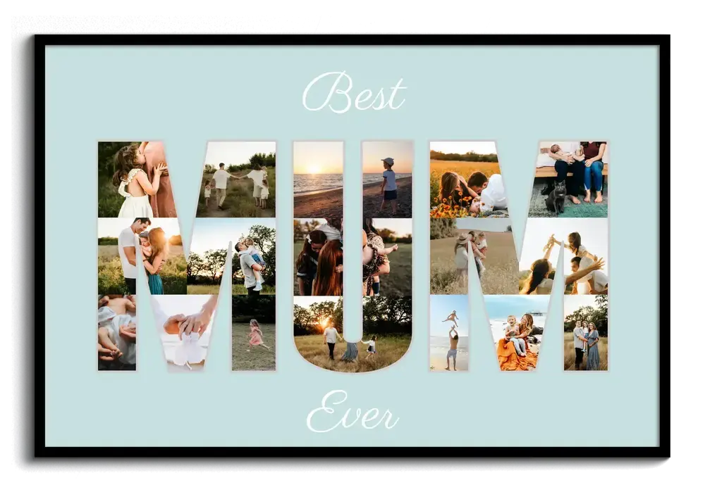 Fotocollage mit Buchstaben aus Fotos auf Hellblau im schwarzen Rahmen als persönliches Geschenk für Mama