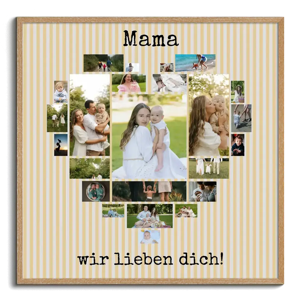 Herzförmige Fotocollage mit Familienfotos, großem Bild in der Mitte und gelb-weißem Streifenhintergrund im Holzrahmen
