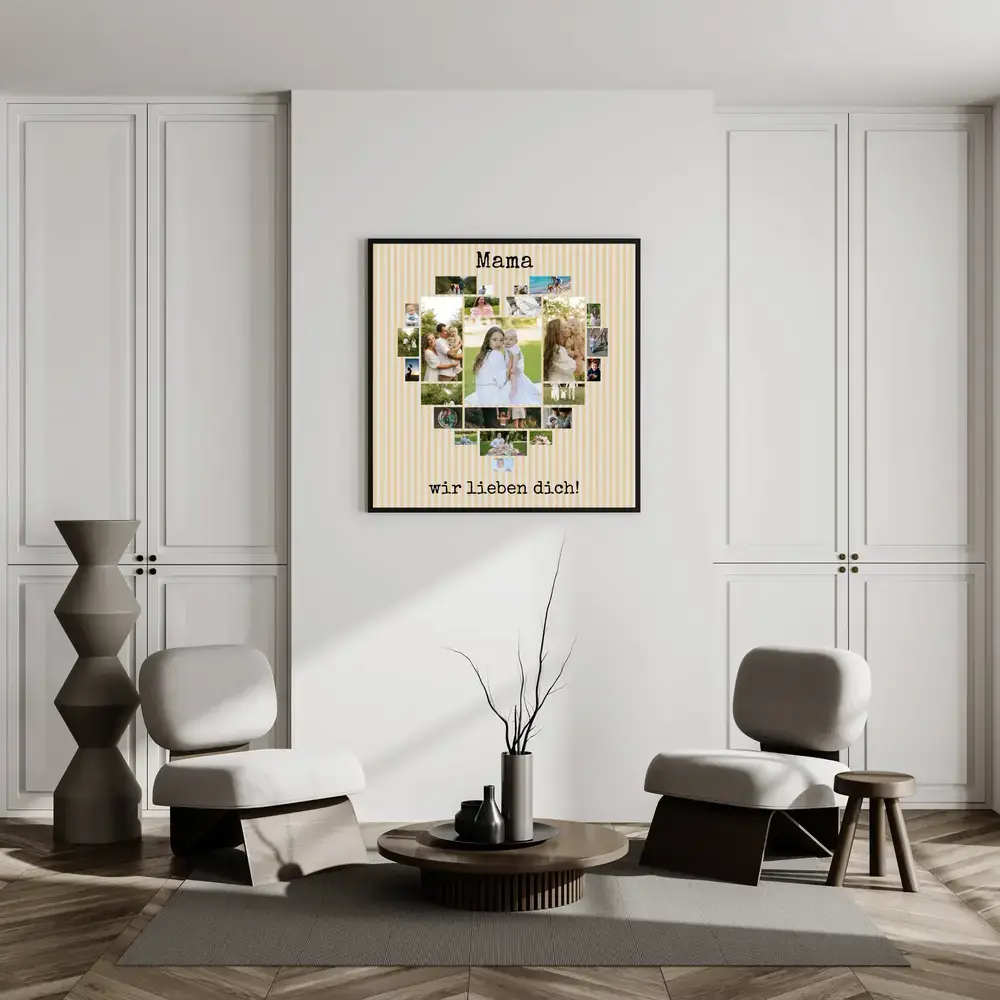 Fotocollage in Herzform für Mama mit großem Mittelfoto und gelben Streifen, schwarz gerahmt an der Wohnzimmerwand
