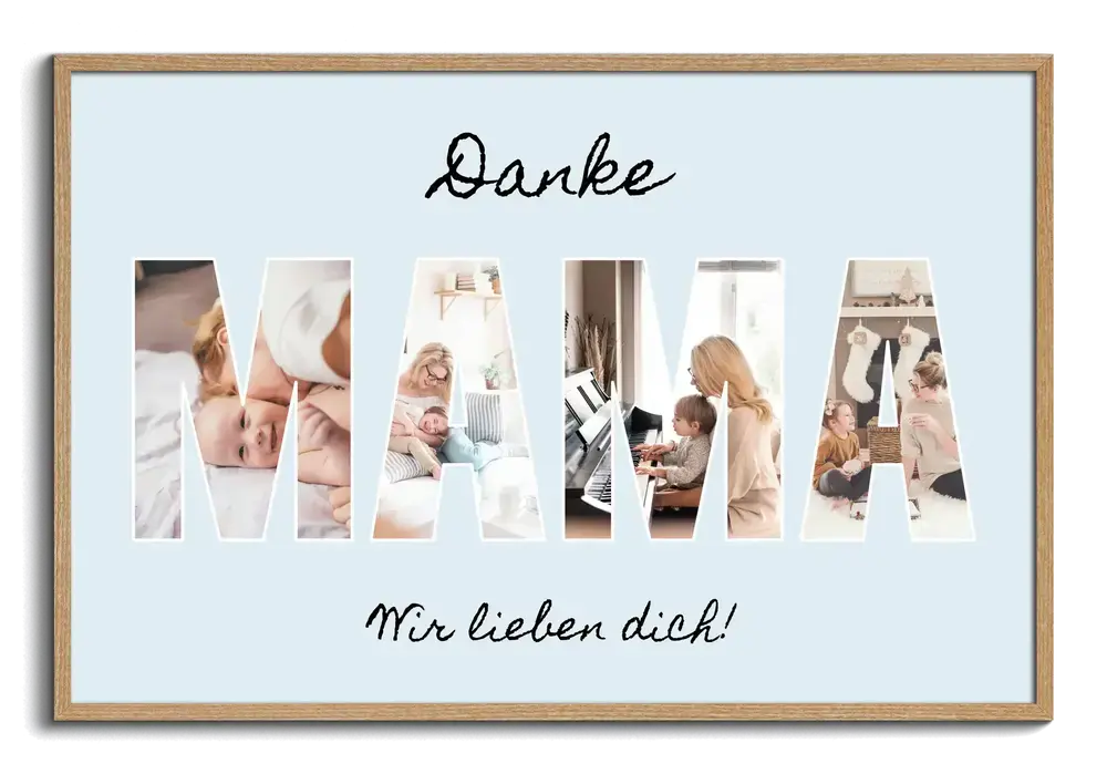 Fotocollage für Mama mit Buchstaben aus Familienfotos, hellblauem Hintergrund und Dankeszeile im Naturholzrahmen