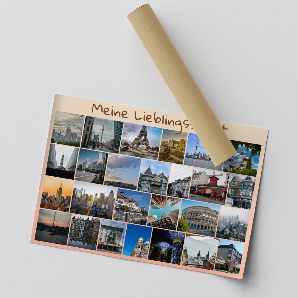 Teilweise eingerolltes Fotocollage-Poster mit bunten Städte- und Sehenswürdigkeitenfotos im Raster und eigener Überschrift