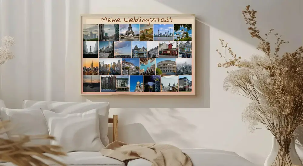 Gerahmte Urlaubsfoto-Collage mit Städten, Sehenswürdigkeiten und persönlichem Text über dem Bett