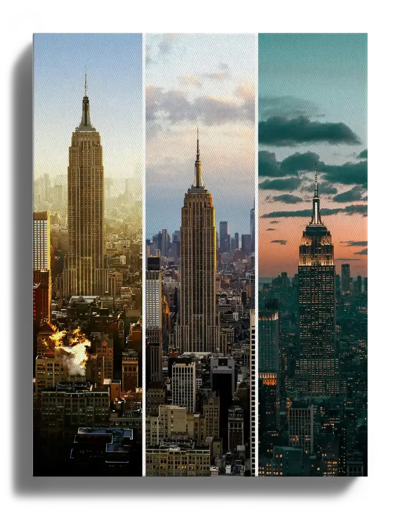 Hochformatige Fotocollage auf Leinwand mit drei senkrechten Ansichten des Empire State Buildings bei wechselndem Licht