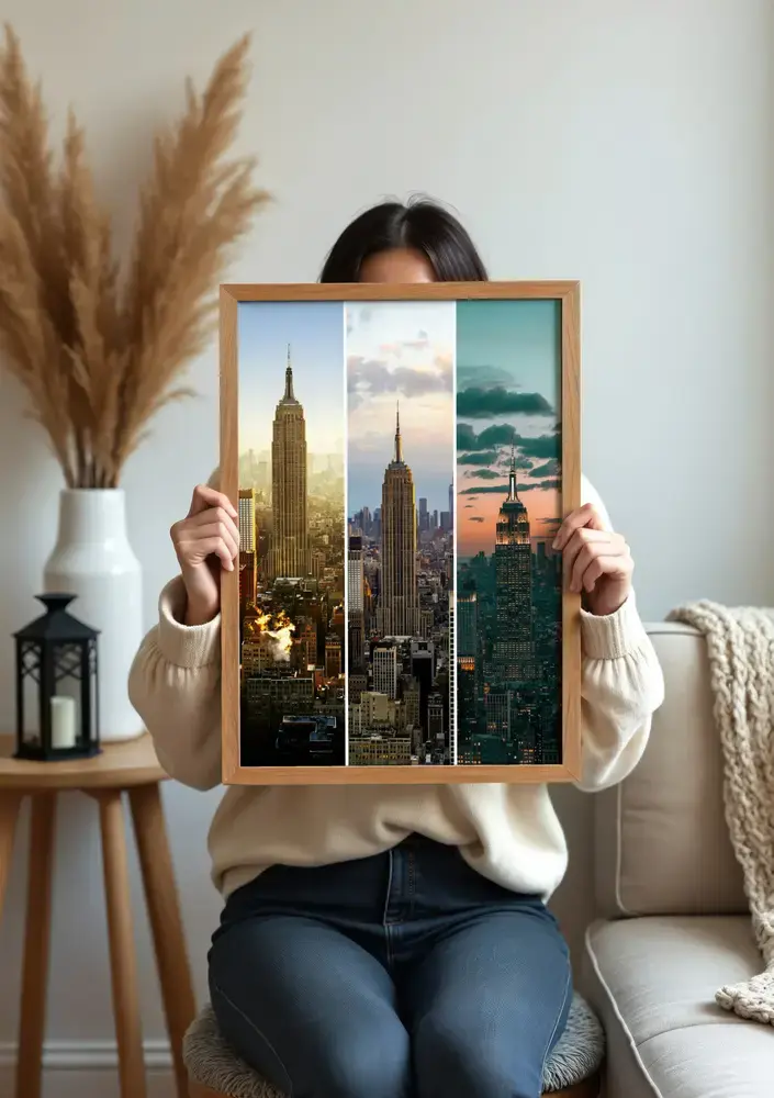 Städte-Fotocollage mit drei Wolkenkratzer-Streifen im Holzrahmen im Wohnzimmer, eine Geschenkidee für Reisefans