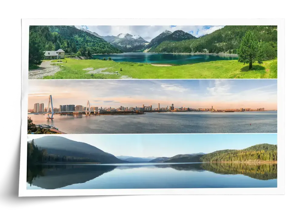 Reise-Fotocollage als Poster im Querformat mit drei Panoramastreifen von Bergseen und einer Skyline, mit weißem Rand