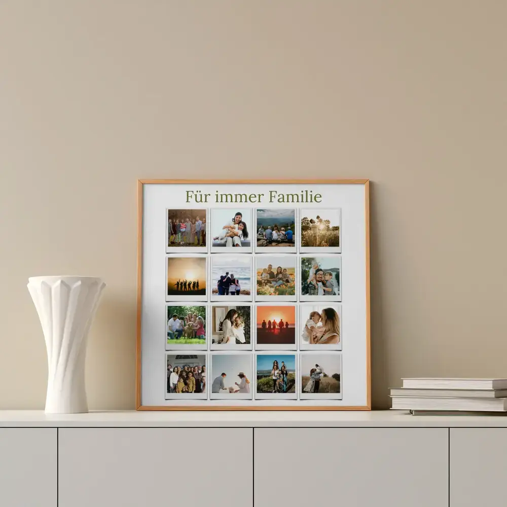 Familiencollage im Polaroid-Stil im Holzrahmen auf weißem Sideboard, eine persönliche Geschenkidee für die Familie