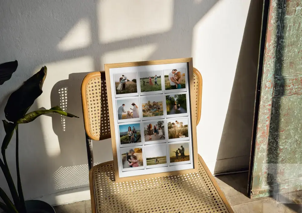 Familien-Fotocollage im Polaroid-Stil im Naturholzrahmen auf einem Geflechtstuhl, als Geschenk für die Familie