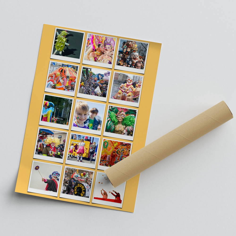 Karneval-Fotocollage als Poster mit 15 Fotos in Polaroid-Optik auf Gelb, neben einer Versandrolle