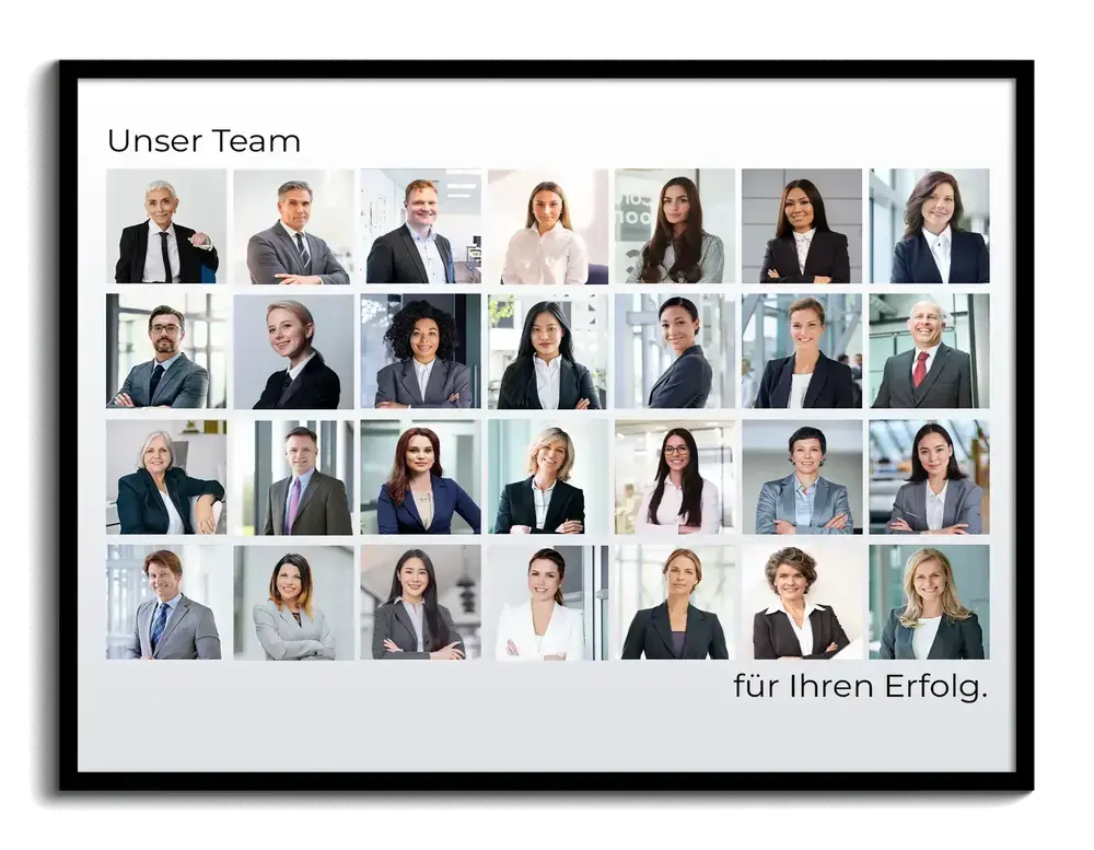 Fotocollage mit Teamporträts im klassischen Raster, als Poster im schwarzen Rahmen – Geschenkidee für Kollegen