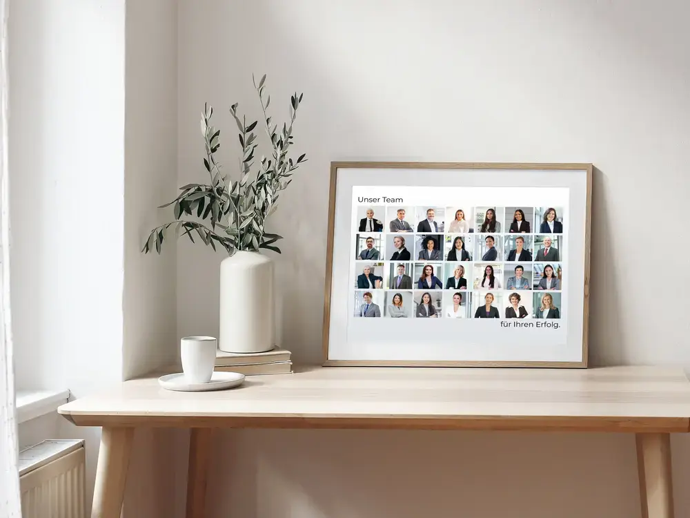 Team-Fotocollage im Raster mit hellem Holzrahmen auf einem Schreibtisch neben einer Vase mit Zweigen