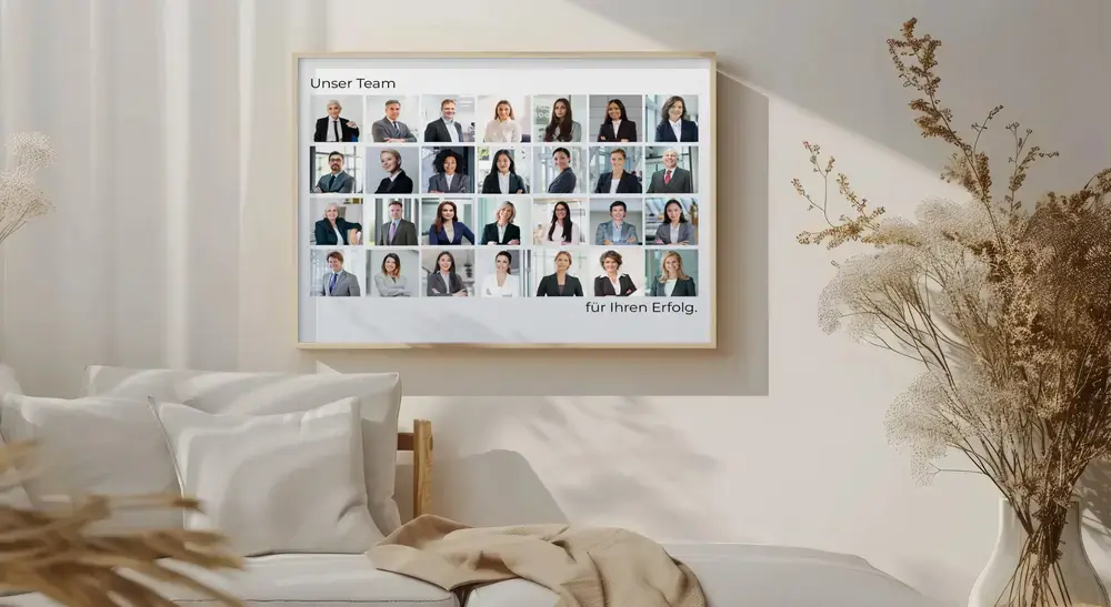 Fotocollage als Poster mit Teamporträts im Raster, im hellen Holzrahmen an der Wand über weißen Kissen