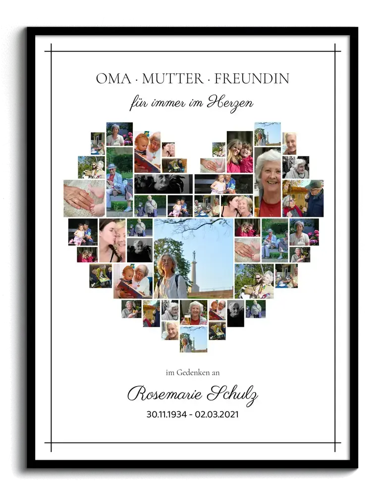Personalisierte Trauercollage in Herzform mit Namen und Lebensdaten, im schwarzen Rahmen auf hellem Hintergrund