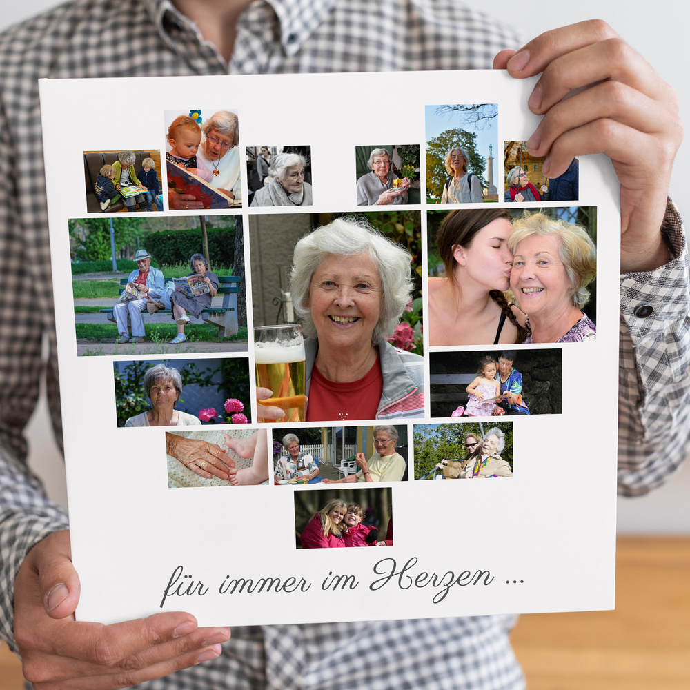 Ungerahmte Fotocollage zum Gedenken in Nahansicht, mit 15 Erinnerungsfotos in Herzform und Text auf Weiß