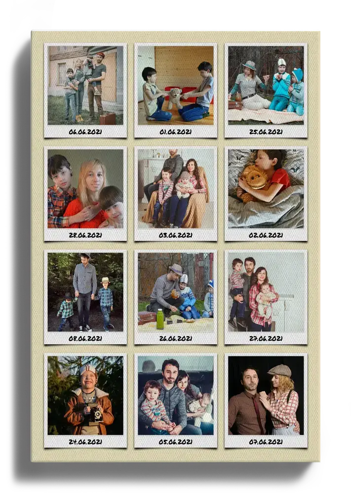 Fotocollage auf Leinwand mit 12 Urlaubsfotos in Sofortbild-Optik und Reisedaten auf beigem Hintergrund