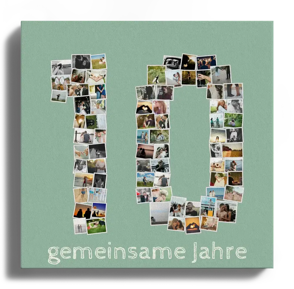 Fotocollage als Zahl 10 auf Leinwand mit mintgrünem Hintergrund, ein persönliches Geschenk zum Jubiläum