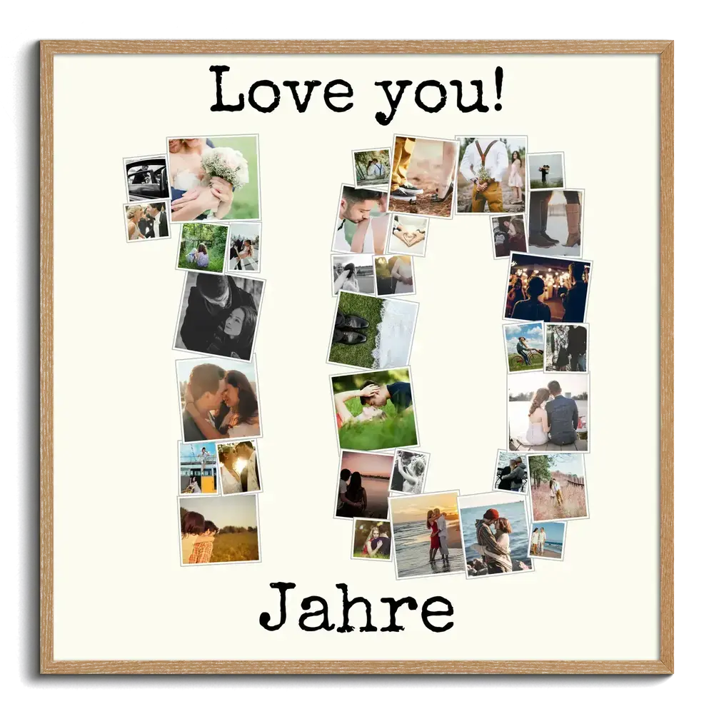 Zahlencollage 10 aus vielen Fotos auf hellem Grund im Holzrahmen als Geschenk zum zehnten Hochzeitstag