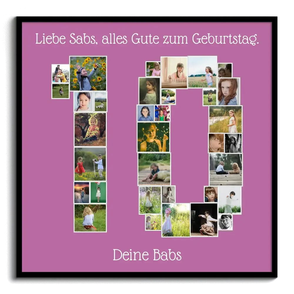 Fotocollage in Form der Zahl 10 auf violettem Hintergrund mit Geburtstagsgruß, eingefasst in einen schwarzen Rahmen