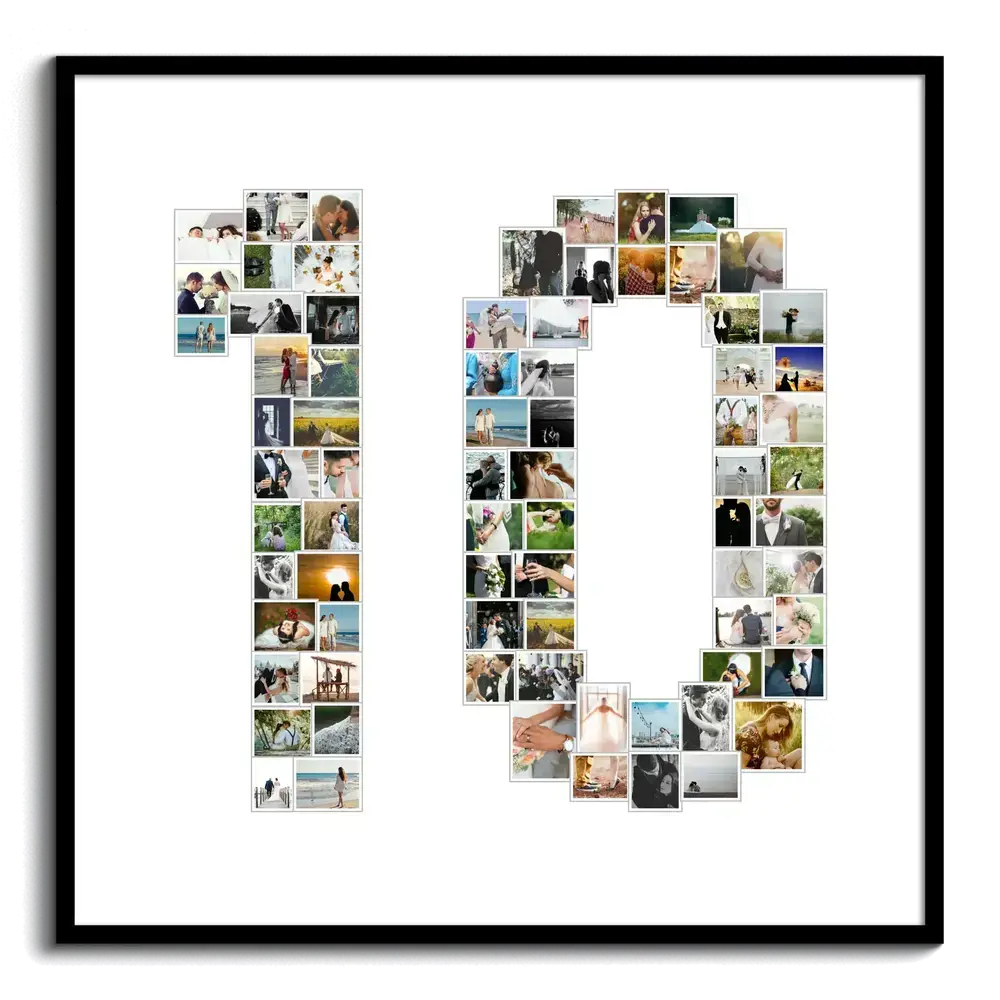 Fotocollage als Zahl 10 auf weißem Hintergrund im schwarzen Rahmen, ein persönliches Geschenk zum Jubiläum