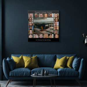 Quadratische Collage „Unser Unternehmen“ mit großem Foto in der Mitte Quadratische Collage „Unser Unternehmen“ mit großem Foto in der Mitte