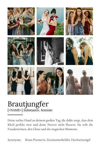 "Brautjungfer" Definition - Geschenk als Poster, Leinwand erstellen. Eigene Fotos und Text.