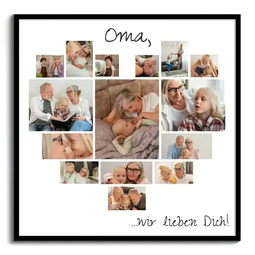 Fotocollage in Herzform für Oma. Premium Druck auf Poster oder Leinwand