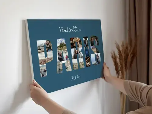 Buchstabencollage Paris - Urlaubsfotos auf Leinwand