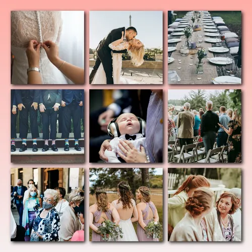 Hochzeitscollage als Raster mit schattierten Bildern als Erinnerung